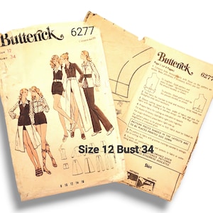 May include: Vintage Butterick sewing pattern, size 12, bust 34 inches. The pattern features illustrations of women's clothing designs, including a shirt and shorts. The pattern is printed on aged paper with instructions and diagrams.