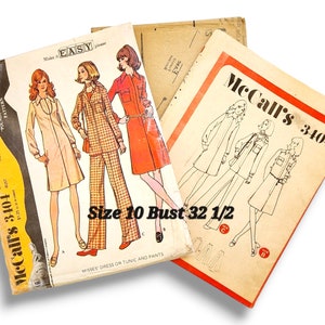May include: Vintage McCall's 3404 sewing pattern. The pattern features illustrations of dresses, tunics, and pants. The size is 10 with a 32 1/2 inch bust. The cover art shows women in the clothing designs.