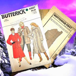 May include: Vintage Butterick sewing pattern 4507 featuring illustrations of women's coats. The pattern includes the Butterick logo and size information. The image has a winter theme with snowy trees and a purple sky.