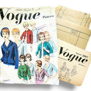 May include: Vintage Vogue sewing pattern for a basic jacket, featuring illustrations of jacket designs in various colors. The pattern is accompanied by additional pattern pieces and a booklet. The main pattern cover displays the Vogue logo and the pattern number 3007.