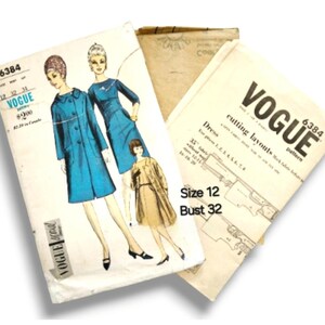 May include: Vintage Vogue sewing pattern, style 6384, featuring illustrations of women's dresses and coats. The pattern includes size 12 and bust 32 measurements. The cover art showcases a teal coat and a blue dress.