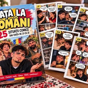 Pode incluir: Um livro intitulado Viața la Români com 25 situații comice, apresentando uma capa com um grupo de pessoas e uma bandeira romena. O livro inclui páginas de banda desenhada com painéis numerados, balões de texto e um emblema circular vermelho indicando 25 situații comice, download digital em PDF, imprimível e ícones de presente.
