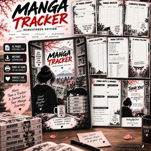 Könnte beinhalten: Ein digitales Manga Tracker Remastered Edition Journal mit 16 druckbaren Seiten. Das Cover zeigt eine Person beim Lesen in einer Bibliothek mit Katze, Kirschblüten und dem Berg Fuji. Enthält Abschnitte für Manga-Backlog, Sammlung und Statistiken.