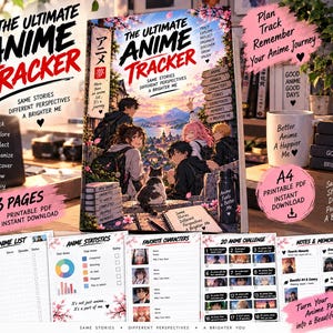 May include: A book titled The Ultimate Anime Tracker with a cover illustration of five characters and a cat overlooking a sunset landscape. The book includes 23 pages of printable PDF content featuring anime lists, statistics, character logs, and challenge pages.