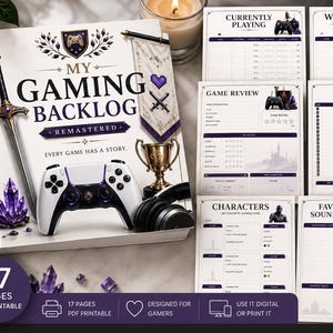 May include: A 17-page printable gaming journal titled My Gaming Backlog Remastered, featuring a white cover with a sword, game controller, trophy, and purple crystals. The set includes various tracking sheets for game reviews, wishlists, characters, and soundtracks.