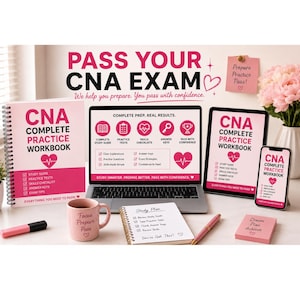 May include: A CNA exam preparation set featuring a spiral-bound workbook, a laptop displaying study materials, a tablet, and a smartphone, all showing the text CNA COMPLETE PRACTICE WORKBOOK. Includes a pink mug, pens, and a study plan notepad.