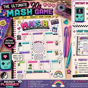 May include: A printable 90s M.A.S.H. game sheet featuring colourful retro graphics including a cassette tape, rainbow, and handheld game console. The page includes sections for future partner, job, home, salary, and pet, with instructions on how to play.