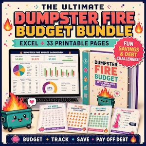 Peut inclure: Le Ultimate Dumpster Fire Budget Bundle comprend un tableau de bord numérique sur ordinateur portable, un classeur intitulé Dumpster Fire Budget et des pages imprimables pour les défis d'épargne et de dette, avec des graphismes pixel art.