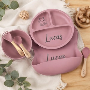 Custom Baby Feeding Set with Name | Silicone Suction Plate & Bowl Set | Baby Shower Gift | Weaning Self Feeding Dinnerware Set