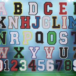 May include: A collection of embroidered varsity-style letters and numbers in various colors including red, blue, black, white, yellow, green, and purple. Each character features a bold block font with a distinct stitched border and texture.