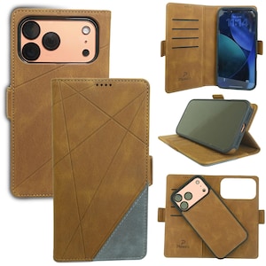 May include: A tan leather-like wallet phone case featuring a geometric line pattern and a blue triangular accent. The case includes interior card slots, a magnetic closure, and a detachable magnetic phone cover with a camera cutout.