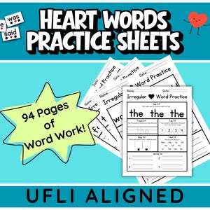 May include: A set of 94 pages of Heart Words practice sheets with a teal background. The sheets feature black text on white paper, including the title Irregular Word Practice, trace, tap, map, and find sections, and the text UFLI ALIGNED.