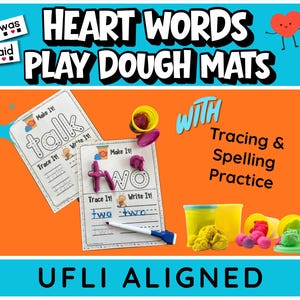 May include: Educational play dough mats for spelling practice featuring the text Heart Words Play Dough Mats, With Tracing & Spelling Practice, and UFLI Aligned. Includes two white activity sheets with the words talk and two, plus yellow containers of colorful modeling clay.