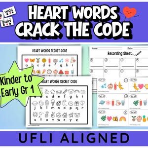 Peut inclure: Fiches pédagogiques intitulées Heart Words Crack The Code comprenant un alphabet de code secret avec des icônes colorées pour chaque lettre, une feuille d'enregistrement et des cartes avec des séquences d'icônes. Un graphique en étoile vert indique Kinder to Early Gr 1.