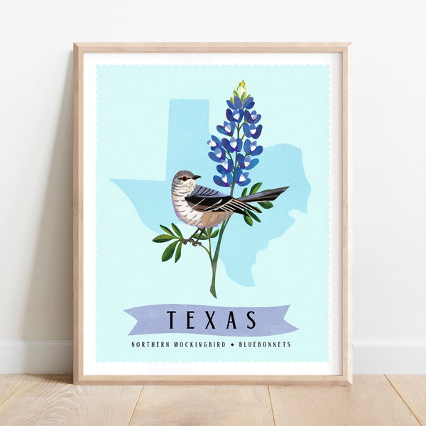 Texas State Bird and State Flower Art Print - Mockingbird and Bluebonnets - Botanical Illustration - Home Decor - Office Art - Wall Art