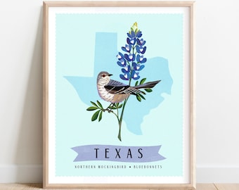 Impression d'art oiseau de l'État du Texas et fleur d'État - moqueur et bonnets bleus - Illustration botanique - décoration d'intérieur - oeuvre d'art pour le bureau - oeuvre d'art murale