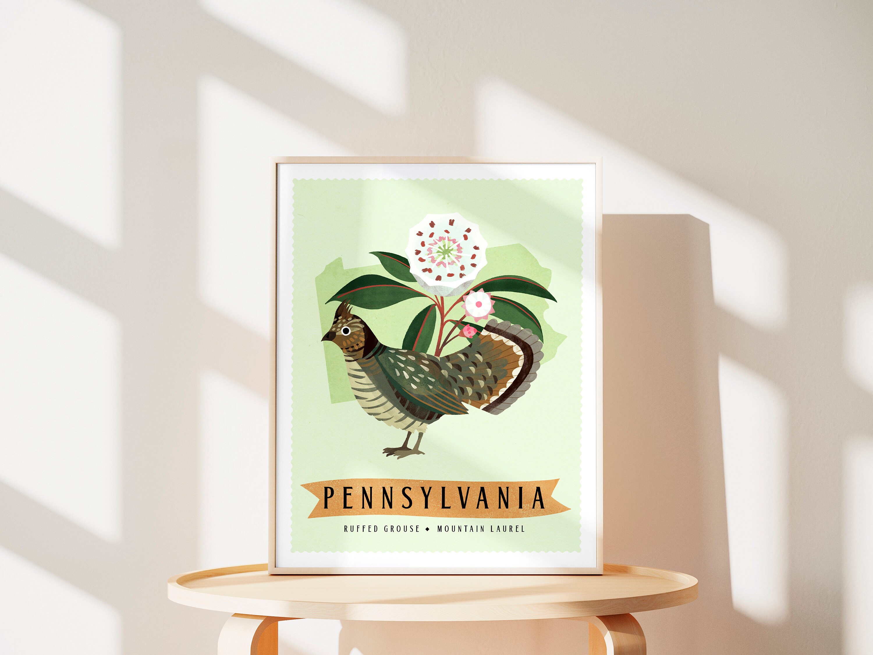 Pennsylvania state bird and state flower art print grouse and laurel