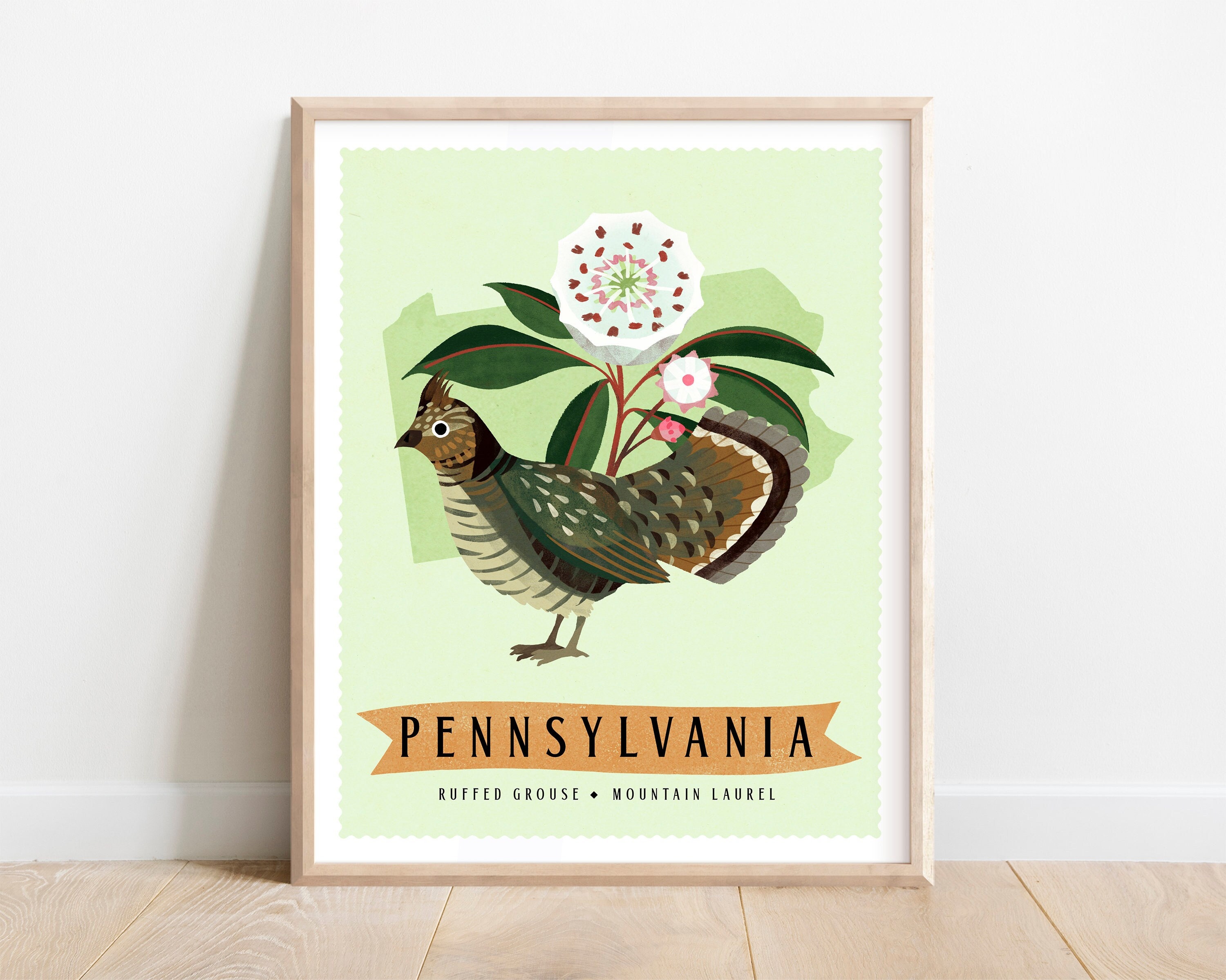 Pennsylvania state bird and state flower art print grouse and laurel