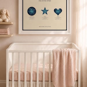 May include: A framed wall art print featuring a cream background with the text OUR LITTLE STARS and WELCOME LITTLE STAR. It displays three dark blue celestial star map shapes: a circle, a star, and a heart, each with text details below them.