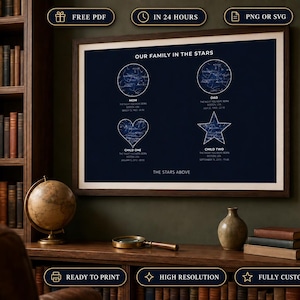 May include: A framed dark blue wall art print titled OUR FAMILY IN THE STARS featuring four celestial star maps in circle, heart, and star shapes. Each map includes text identifying family members, dates, and times, with THE STARS ABOVE at the bottom.