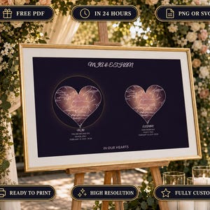 Könnte beinhalten: Ein gerahmtes horizontales Schild mit dunklem Hintergrund und zwei herzförmigen Sternenkarten. Der Text lautet Mia & Ethan, The Day We Said Yes, Venice, Italy, February 14, 2019, 20:30, Forever Begins und In Our Hearts in weißer Schrift.