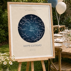 Puede incluir: Un mapa estelar enmarcado sobre un caballete de madera que muestra un cielo nocturno circular en azul oscuro con líneas y nombres de constelaciones en blanco. El texto dice: When you were born, the sky looked just like this! Happy Birthday.