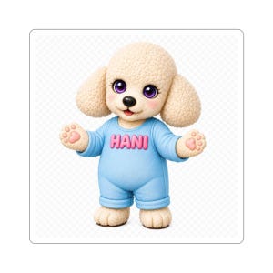May include: A cream-colored plush poodle toy with large purple eyes and a black nose, wearing a light blue onesie with the name HANI printed in pink letters on the chest. The toy has textured fur, pink paw pads on its hands, and a standing pose.
