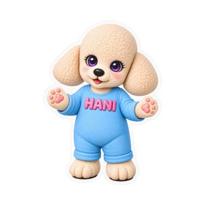 May include: A beige poodle-like character figurine with large purple eyes, wearing a light blue onesie with the name HANI printed in pink letters on the chest. The figure has textured fur, pink paw pads on its hands, and a small black nose.