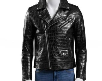 Men's Black Crocodile Embossed Leather Biker Jacket | Genuine Leather Motorcycle Jacket | Slim Fit Coat