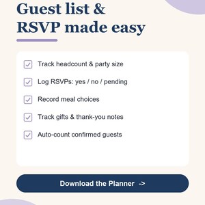 May include: A digital planner template with a light cream background and lavender accents. The text reads: GUEST LIST SORTED, Guest list & RSVP made easy, Track headcount & party size, Log RSVPs: yes / no / pending, Record meal choices, Track gifts & thank-you notes, Auto-count confirmed guests, Download the Planner ->, planfulnest.com.