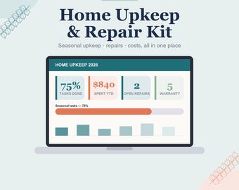 Hoja de cálculo para el seguimiento del mantenimiento del hogar, lista de verificación estacional, registro de reparaciones, inventario y presupuesto del hogar para Google Sheets y Excel / Descarga instantánea