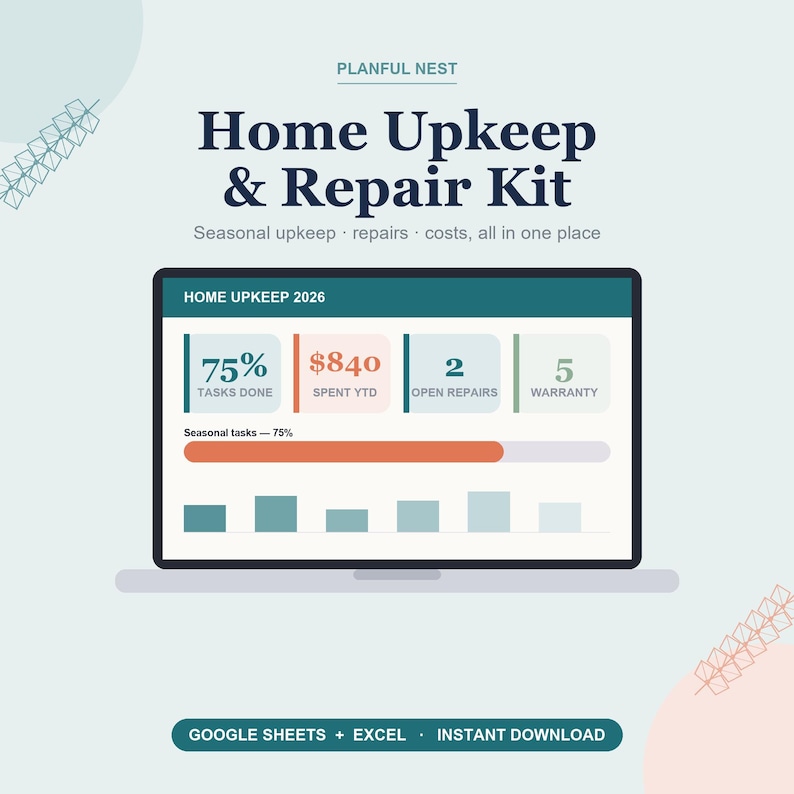 Home Maintenance Tracker Spreadsheet, Seasonal Checklist, Repair Log, Home Inventory & Budget for Google Sheets, Excel | Instant Download image 1