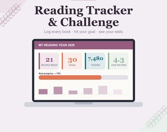 Hoja de cálculo para seguimiento de lectura, reto de lectura y registro de libros, lista de libros pendientes, estadísticas de género para Google Sheets, Excel / Descarga instantánea