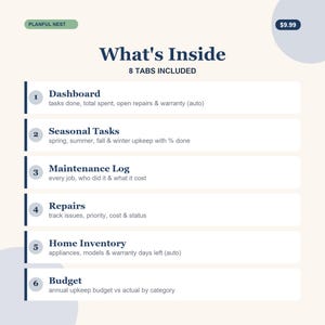 Home Maintenance Tracker Spreadsheet, Seasonal Checklist, Repair Log, Home Inventory & Budget for Google Sheets, Excel | Instant Download image 3