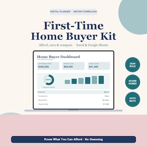 First Time Home Buyer Kit, Home Affordability & Mortgage Calculator, Down Payment and Closing Cost Tracker, Google Sheets and Excel