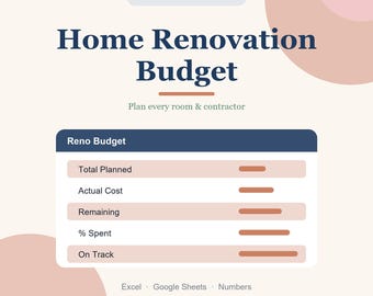 Home Renovation Budget Spreadsheet, Remodel Cost & Contractor Tracker for Google Sheets