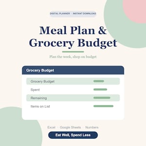 Planilha de Planejamento de Refeições e Orçamento de Compras, Planejamento Semanal e Lista de Compras imagem 1