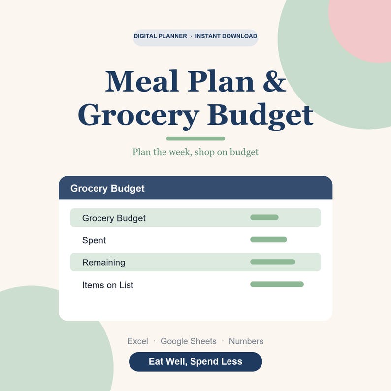 Planilha de Planejamento de Refeições e Orçamento de Compras, Planejamento Semanal e Lista de Compras imagem 1
