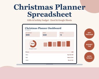 Christmas Planner Spreadsheet, Holiday Gift Tracker, Budget, Menu & Card List for Google Sheets, Excel | Instant Download