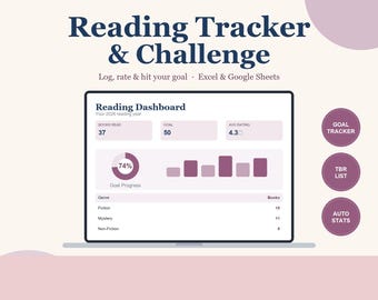 Reading Tracker Spreadsheet, Reading Challenge & Book Log, TBR List, Genre Stats for Google Sheets, Excel | Instant Download