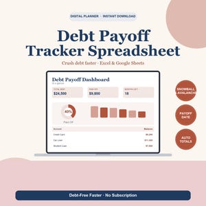 Debt Payoff Tracker Spreadsheet, Debt Snowball and Avalanche Planner, Credit Card Payment Log for Google Sheets & Excel, Debt Free image 1