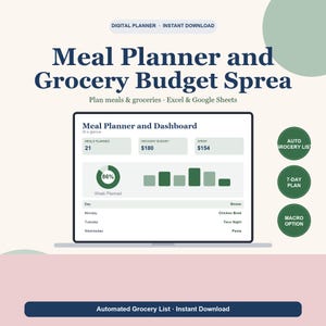 Meal Planner and Grocery Budget Spreadsheet, Weekly Meal Plan and Shopping List, Family Meal Prep Tracker for Google Sheets & Excel