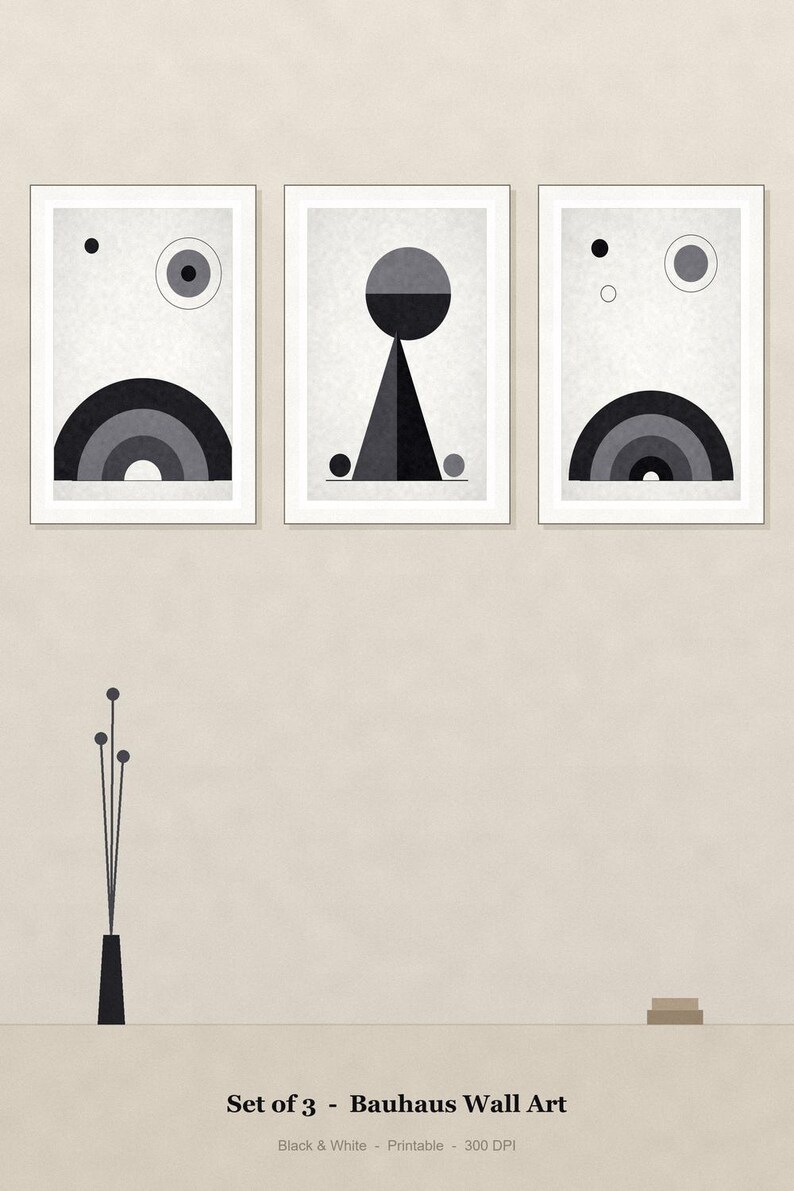 Set di 3 stampe murali in bianco e nero / Stampe geometriche minimaliste / 5 formati, download immediato immagine 1