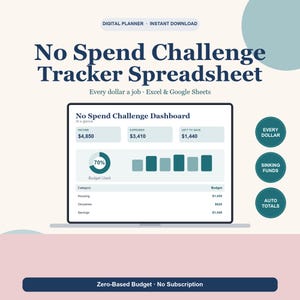 No Spend Challenge Tracker Spreadsheet, 30 Day Money Reset and Savings Challenge for Google Sheets & Excel, Frugal Living Planner image 1