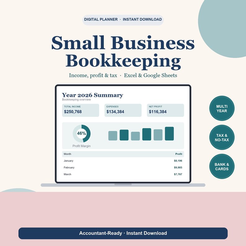 Small Business Bookkeeping Spreadsheet, Income Expense & Tax Tracker for Freelancers, Self Employed Accounting for Google Sheets Excel image 1