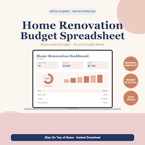 Home Renovation Budget Spreadsheet, Remodel Cost and Contractor Tracker, House Flip Project Planner for Google Sheets & Excel