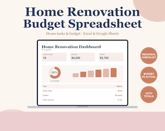 Home Renovation Budget Spreadsheet, Remodel Cost and Contractor Tracker, House Flip Project Planner for Google Sheets & Excel