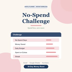 No Spend Challenge Tracker Spreadsheet, 30 Day Money Reset and Savings Challenge for Google Sheets & Excel, Frugal Living Planner image 2
