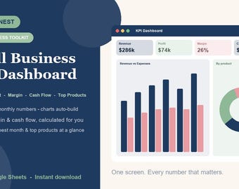 Small Business KPI Dashboard - Revenue, Profit, Margin, Cash Flow & Top Products Tracker with Charts | Excel and Google Sheets (2026)