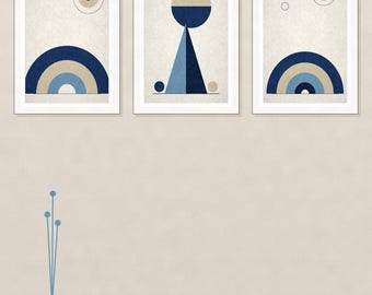 Coastal Wall Art Set of 3 | Navy Blue Geometric Printable, Nautical Decor | 5 Sizes Instant Download